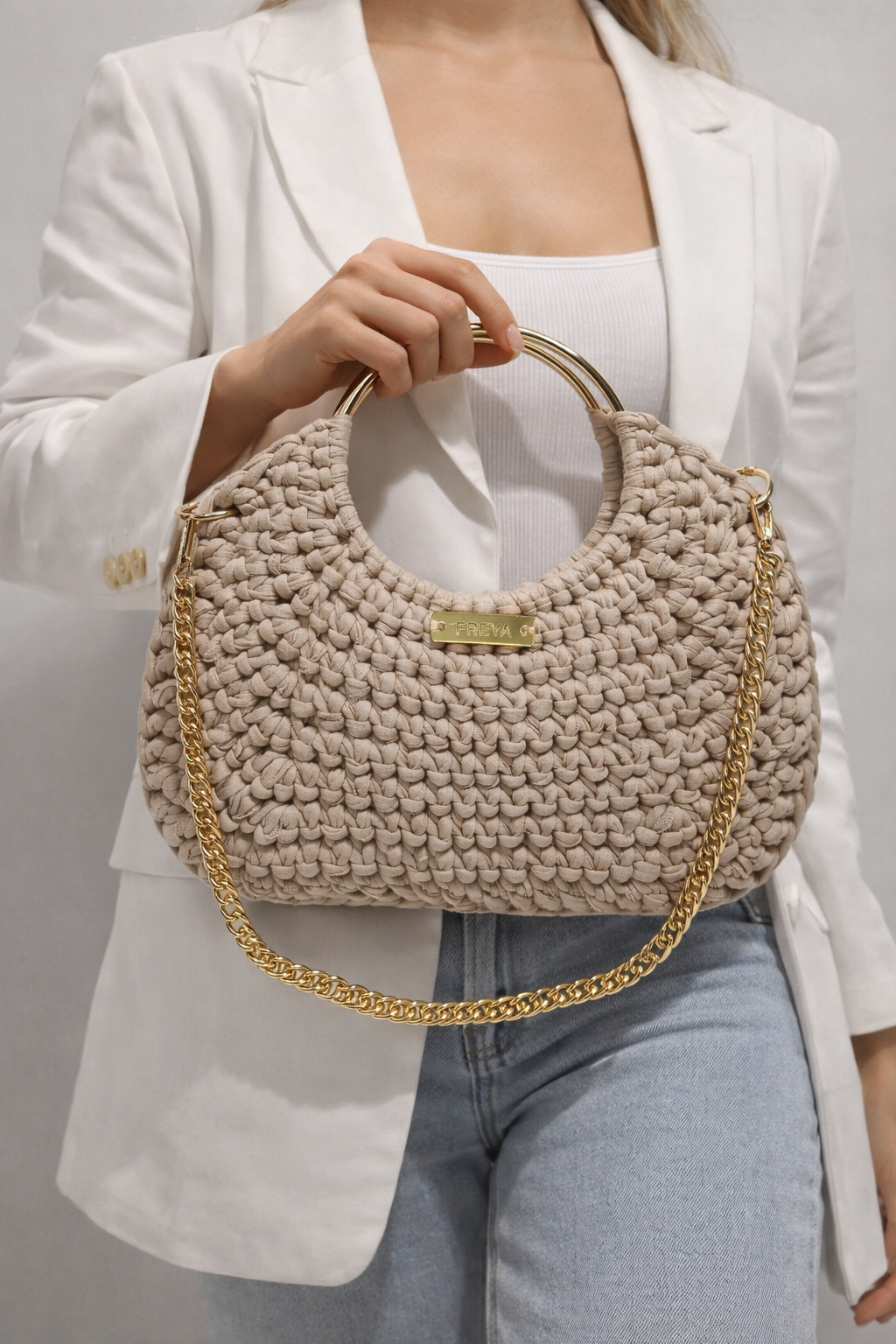 Freya Handmade Knit Bag Beige with Gold Chain